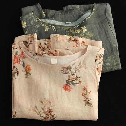 Women Loose Lantern Sleeve Linen Floral Blouse - Luckyback