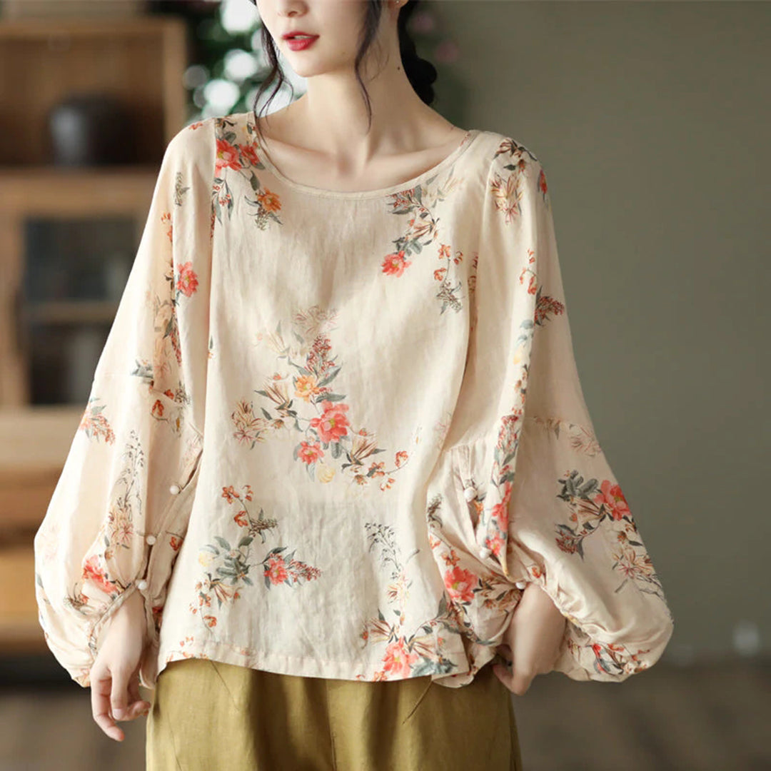 Women Loose Lantern Sleeve Linen Floral Blouse - Luckyback