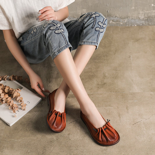 Women Pleated Leather Flat Shoes
