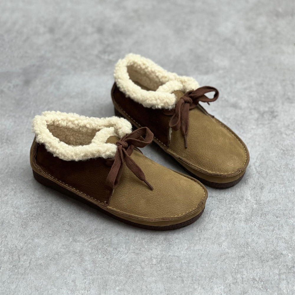Women Retro Handmade Color-block Stitched Fleece Flat Shoes