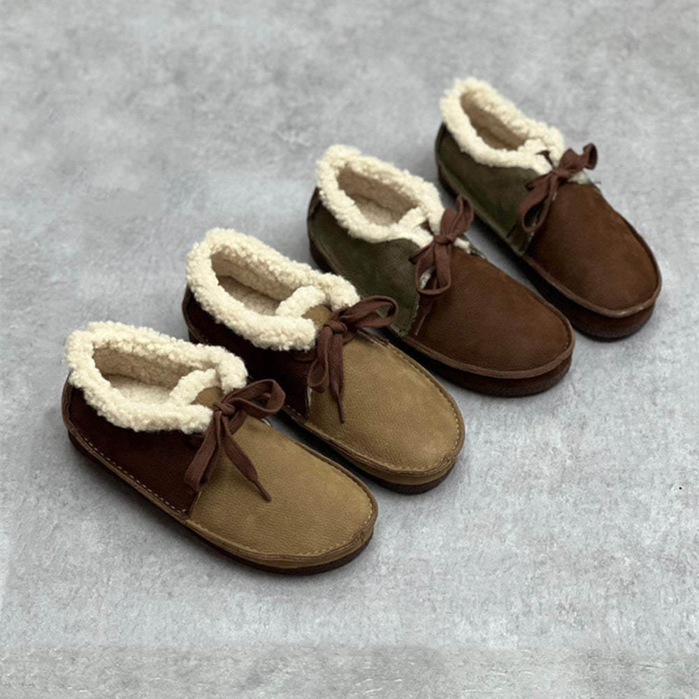 Women Retro Handmade Color-block Stitched Fleece Flat Shoes