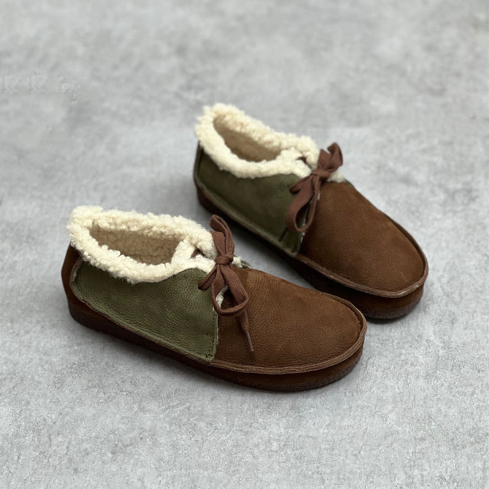 Women Retro Handmade Color-block Stitched Fleece Flat Shoes