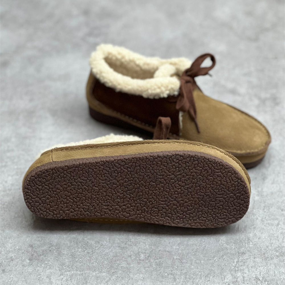 Women Retro Handmade Color-block Stitched Fleece Flat Shoes