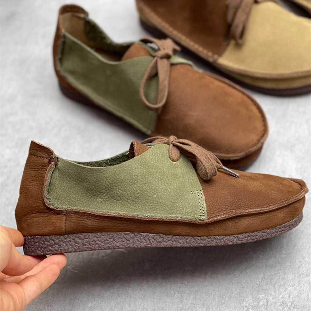 Women Summer Retro Genuine Leather Colorblock Shoes