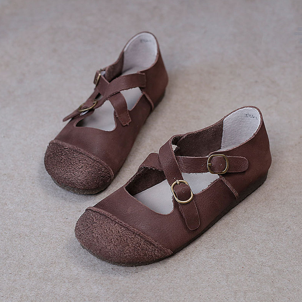Women Retro Handmade Leather Shoes With Crossing Belts