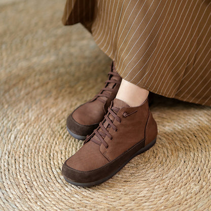 Women Retro Leather Color-Block Slip-On Boots