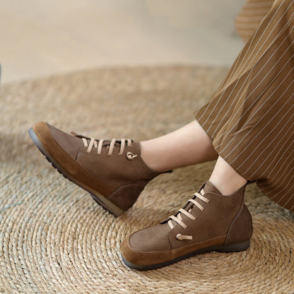 Women Retro Leather Color-Block Slip-On Boots