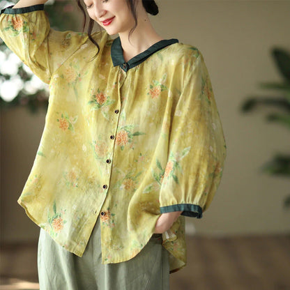 Women Retro Linen Floral Shirt - Luckyback