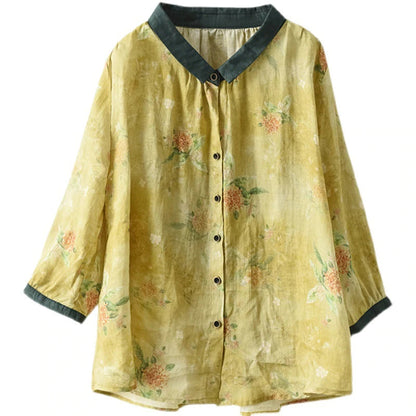 Women Retro Linen Floral Shirt - Luckyback