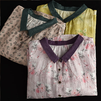 Women Retro Linen Floral Shirt - Luckyback