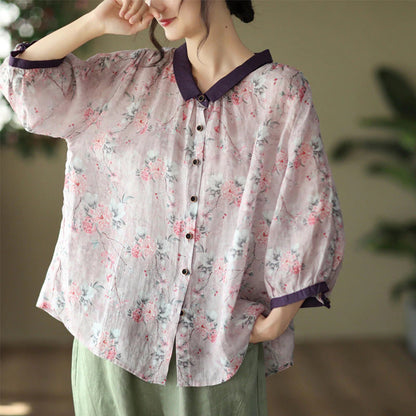 Women Retro Linen Floral Shirt - Luckyback