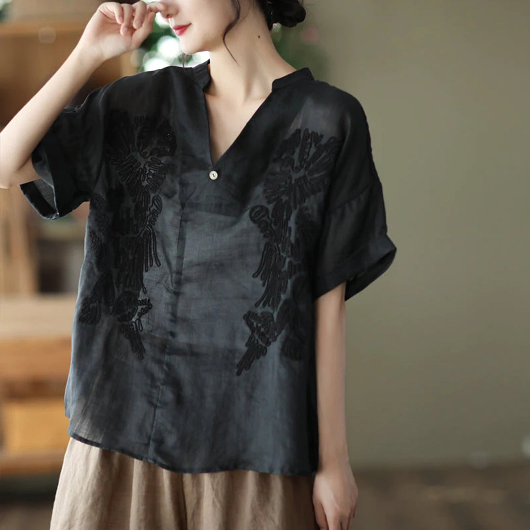 Women Retro V-Neck Casual Embroidery Linen Blouse - Luckyback