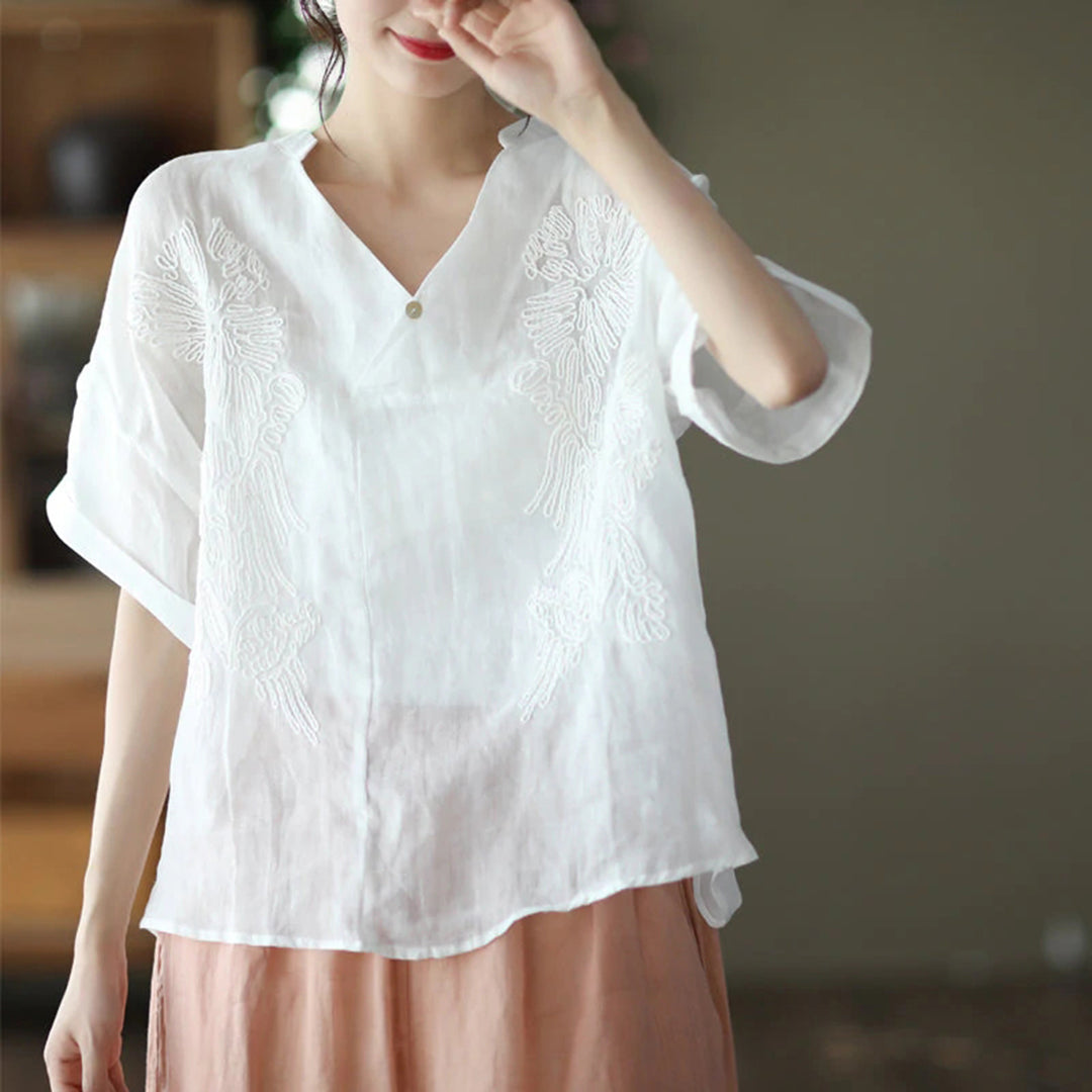 Women Retro V-Neck Casual Embroidery Linen Blouse - Luckyback