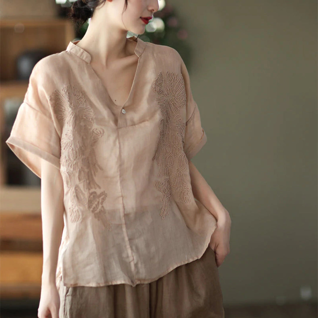 Women Retro V-Neck Casual Embroidery Linen Blouse - Luckyback