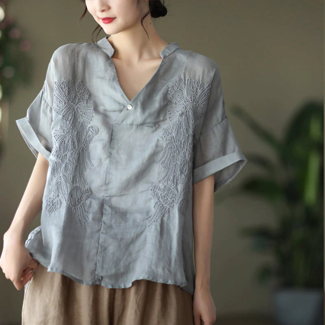 Women Retro V-Neck Casual Embroidery Linen Blouse - Luckyback