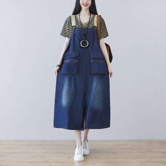 Women Slit Denim Pinafore Dress With Large Pockets