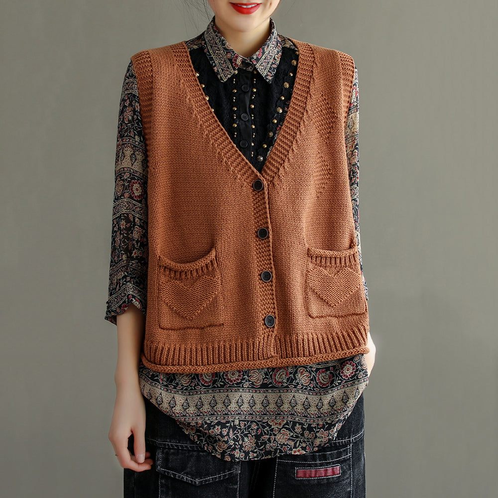 Women Autumn Artsy Tree V-Neck Knitted Vest