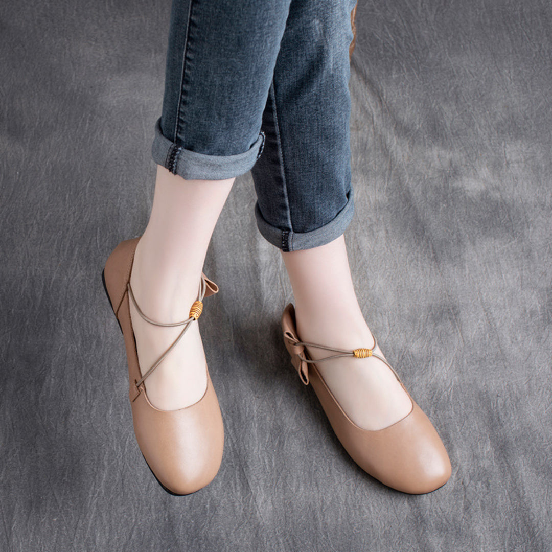 Women Strap Leather Flats With Bowknot - Luckyback