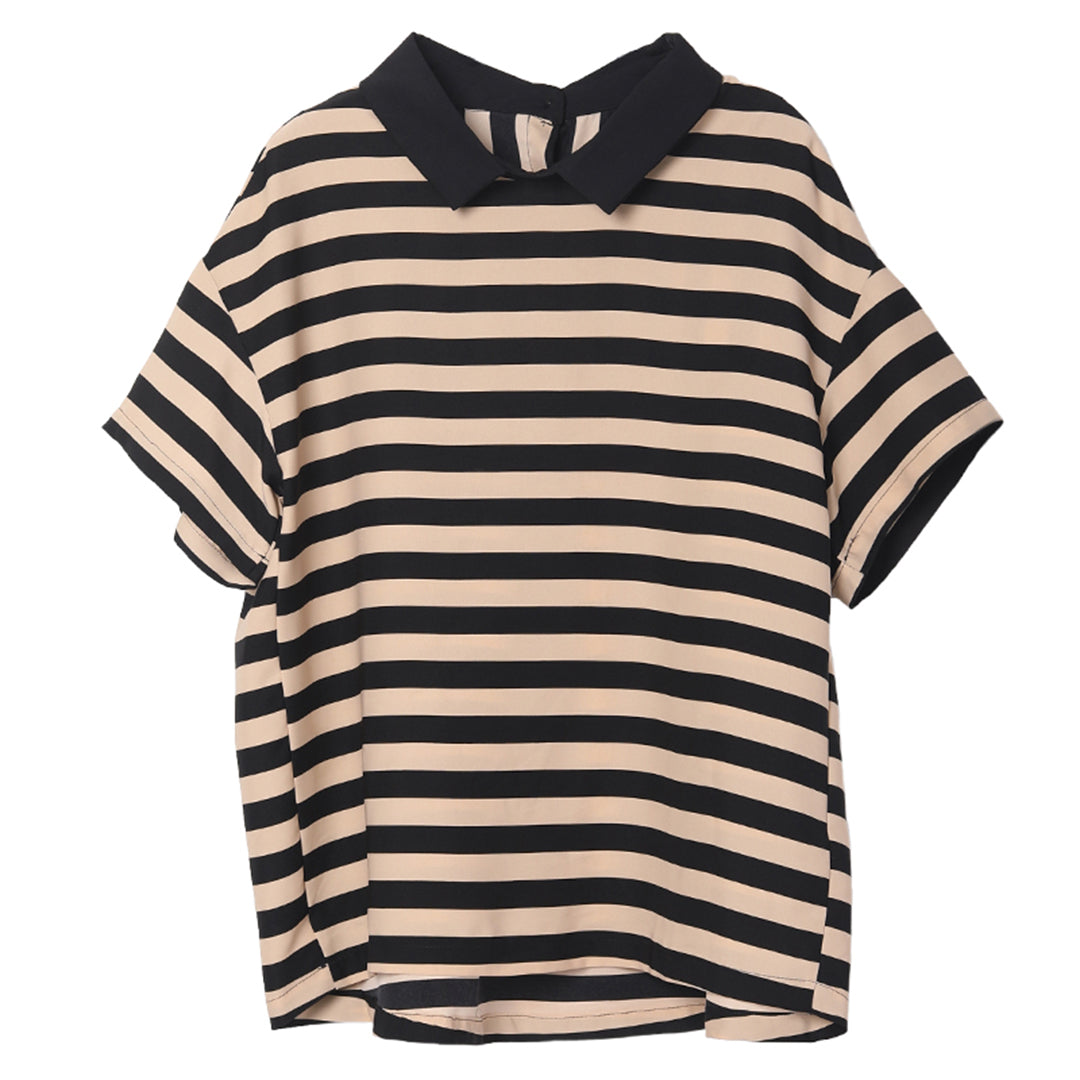 Women Stripe Polo Collar Short T-Shirt - Luckyback