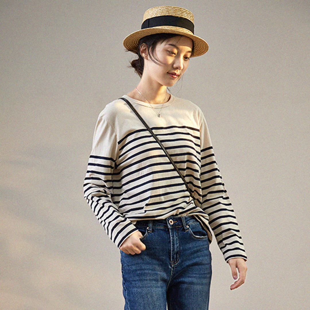 Women Striped Long-sleeve T-shirt new Loose Fit Casual Top - Luckyback