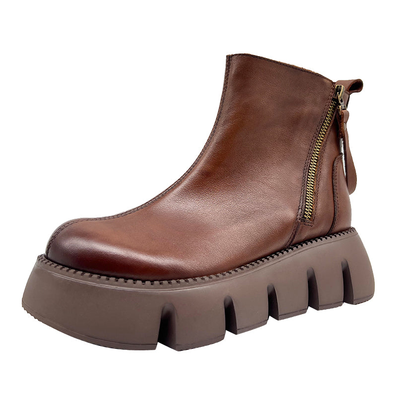 Retro Comfortable Leather Casual Chunky Heels Platform Boots
