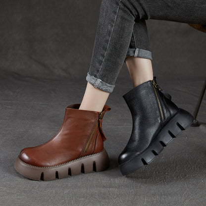 Retro Comfortable Leather Casual Chunky Heels Platform Boots