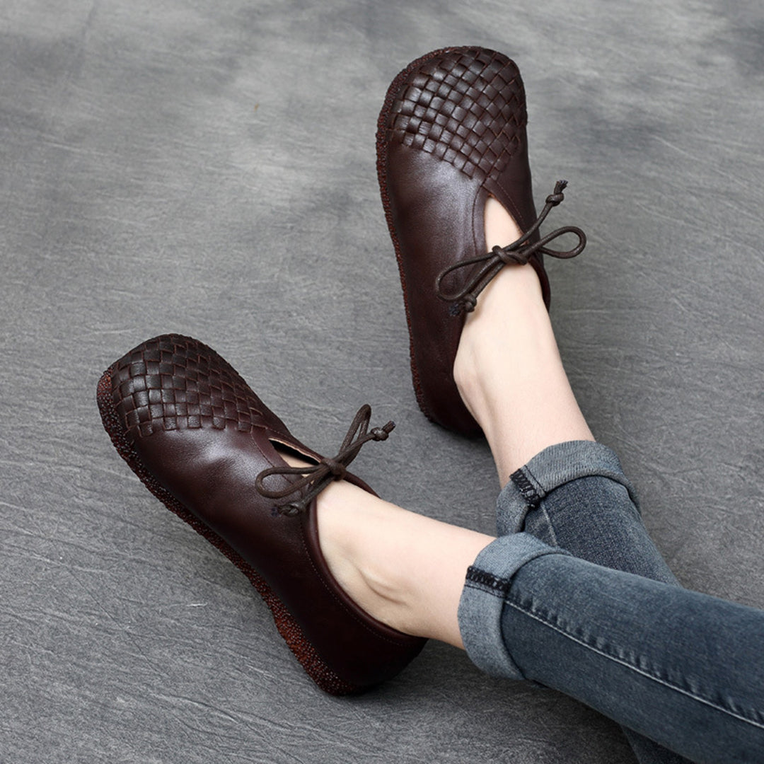 Woven Lace-up Leather Flats - Luckyback