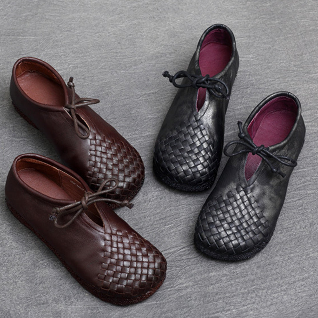 Woven Lace-up Leather Flats - Luckyback