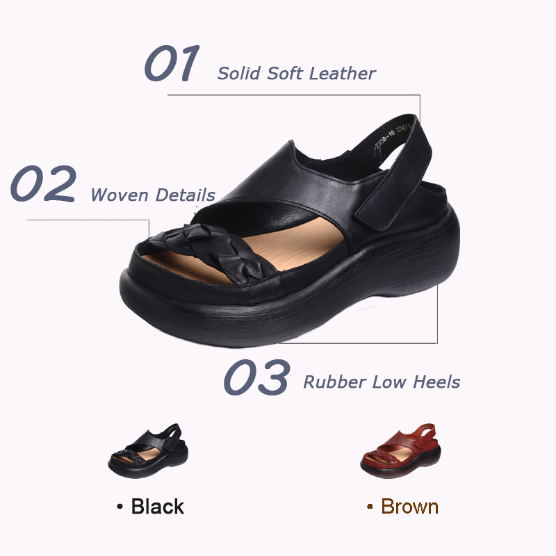 Woven Solid Velcro Leather Sandals - Luckyback