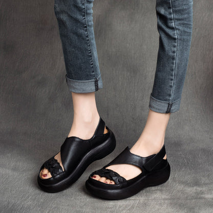 Woven Solid Velcro Leather Sandals - Luckyback